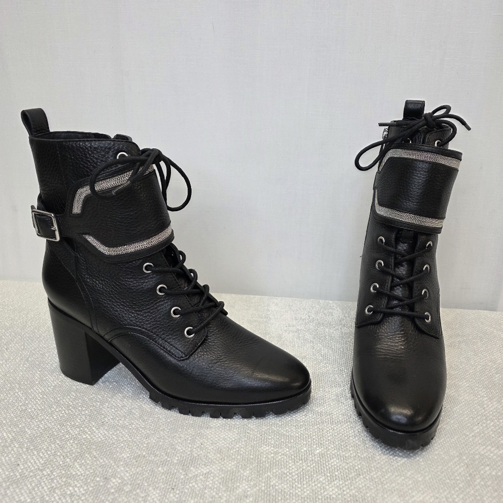 PAIGE Black Leather Crystal Embellished Lace-Up Combat Boots Size 10